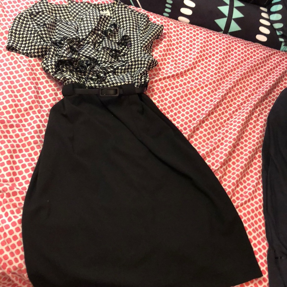 A black and white dress with chevron pattern.